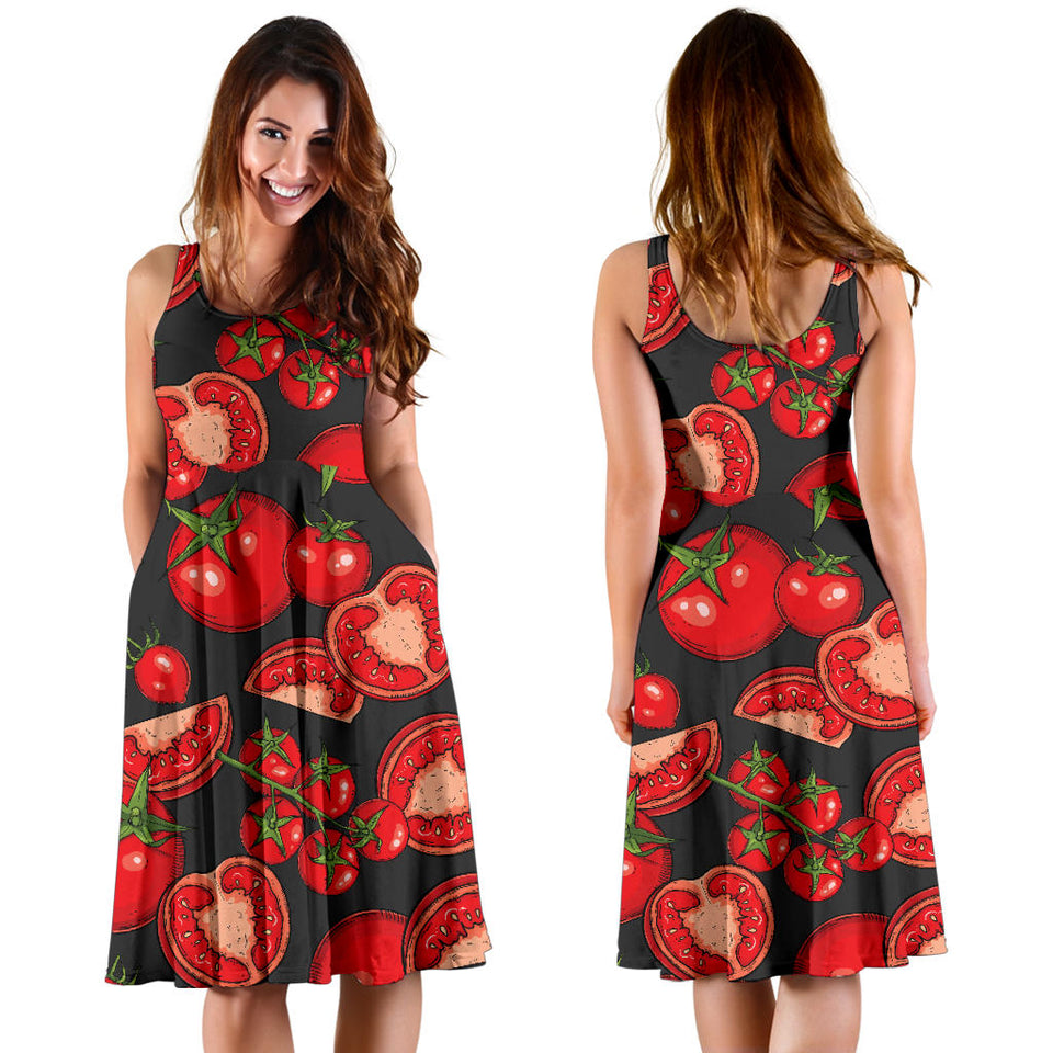 Tomato Black Background Sleeveless Midi Dress