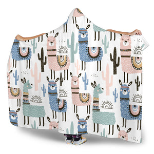Lama Alpaca Cactus Hand Drawn Pattern Hooded Blanket