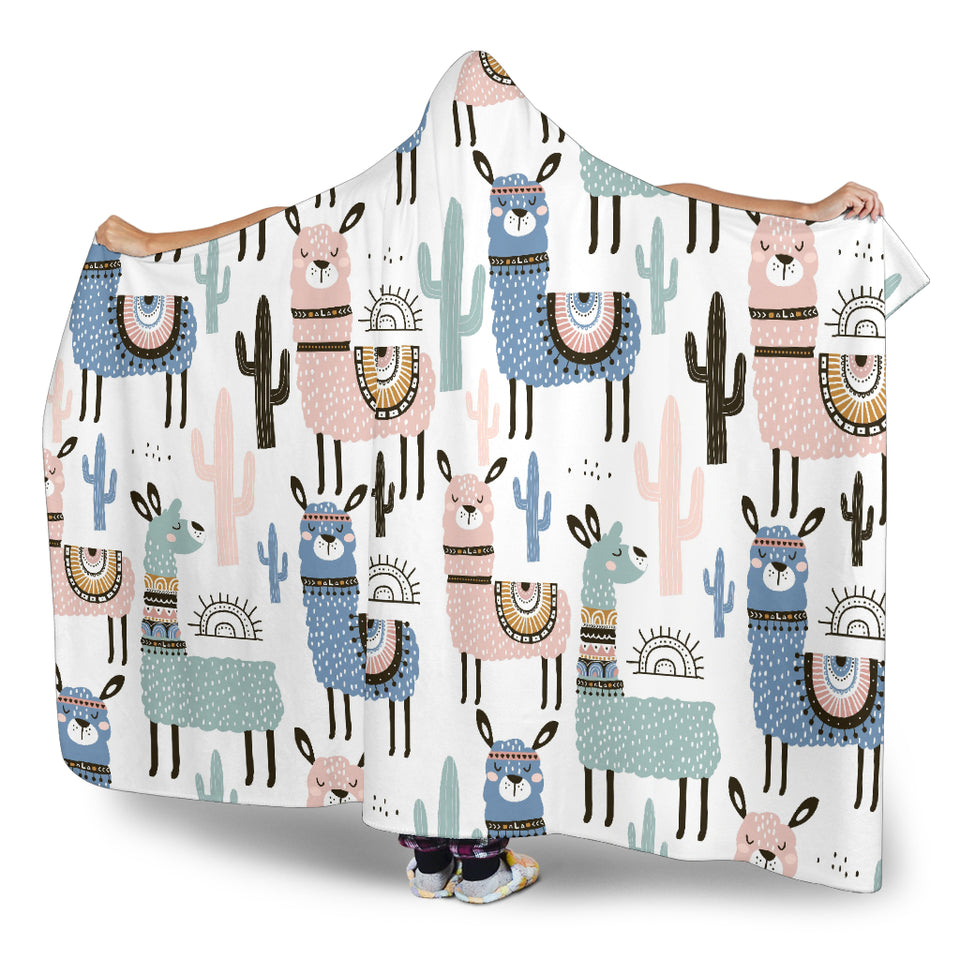 Lama Alpaca Cactus Hand Drawn Pattern Hooded Blanket