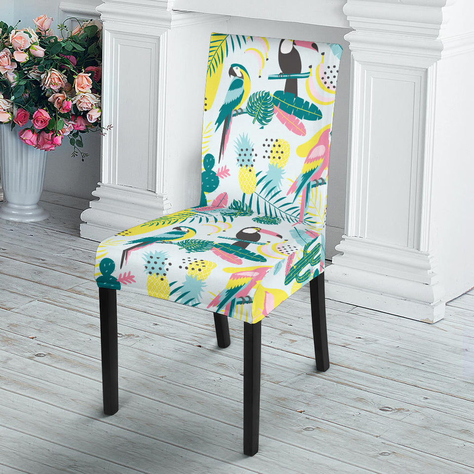 Cute Parrot Toucan Flamingo Cactus Exotic Leaves Pattern Dining Chair Slipcover
