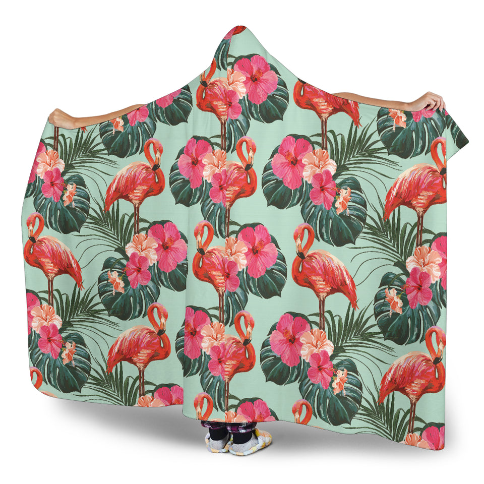 Beautiful Flamingo Tropical Palm Leaves Hibiscus Pateern Background Hooded Blanket