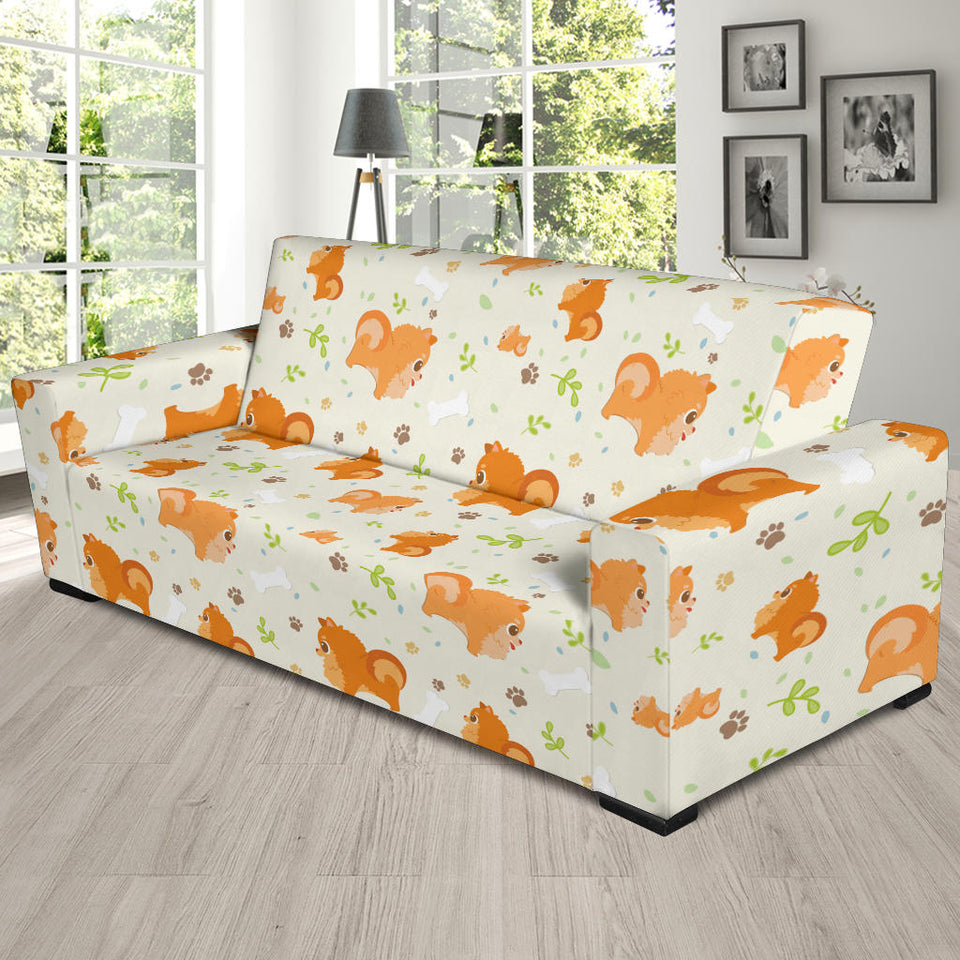 Cute Brown Pomeranian Paw Leave Bone Pattern Sofa Slipcover