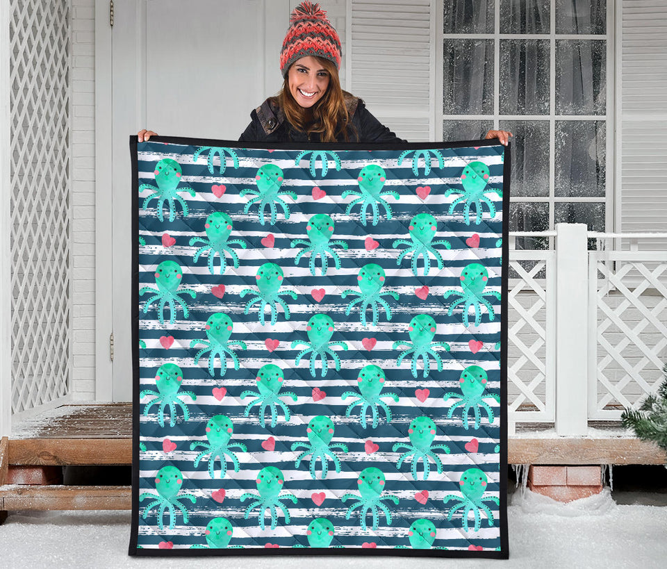 Cute Octopuses Heart Striped Background Premium Quilt