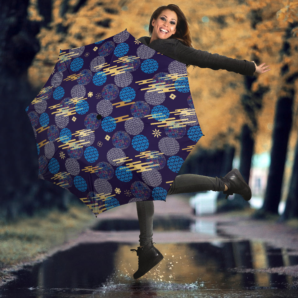 Blue Japanese Pattern Cloud Wave Flower Umbrella