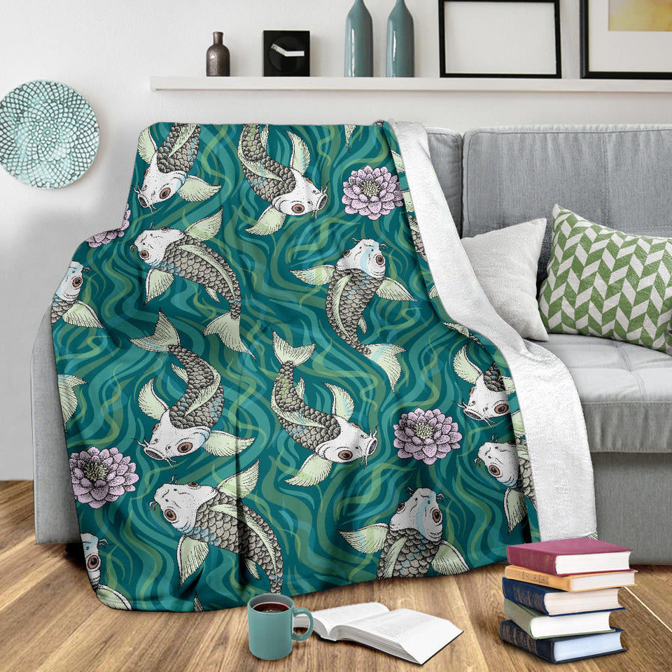 Koi Fish Carp Fish Lotus Pattern Premium Blanket
