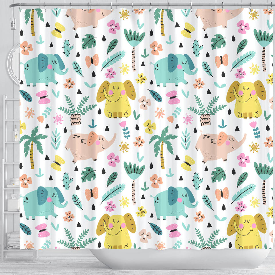 Cute Elephants Palm Tree Flower Butterfly Pattern Shower Curtain Fulfilled In US