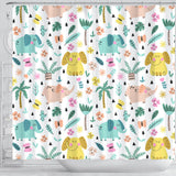 Cute Elephants Palm Tree Flower Butterfly Pattern Shower Curtain Fulfilled In US