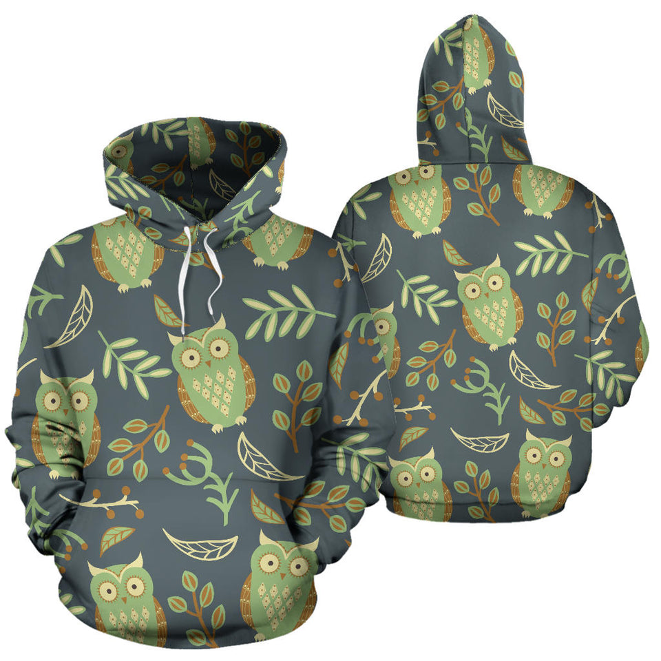 Cute Owls Leaves Pattern Men Women Pullover Hoodie