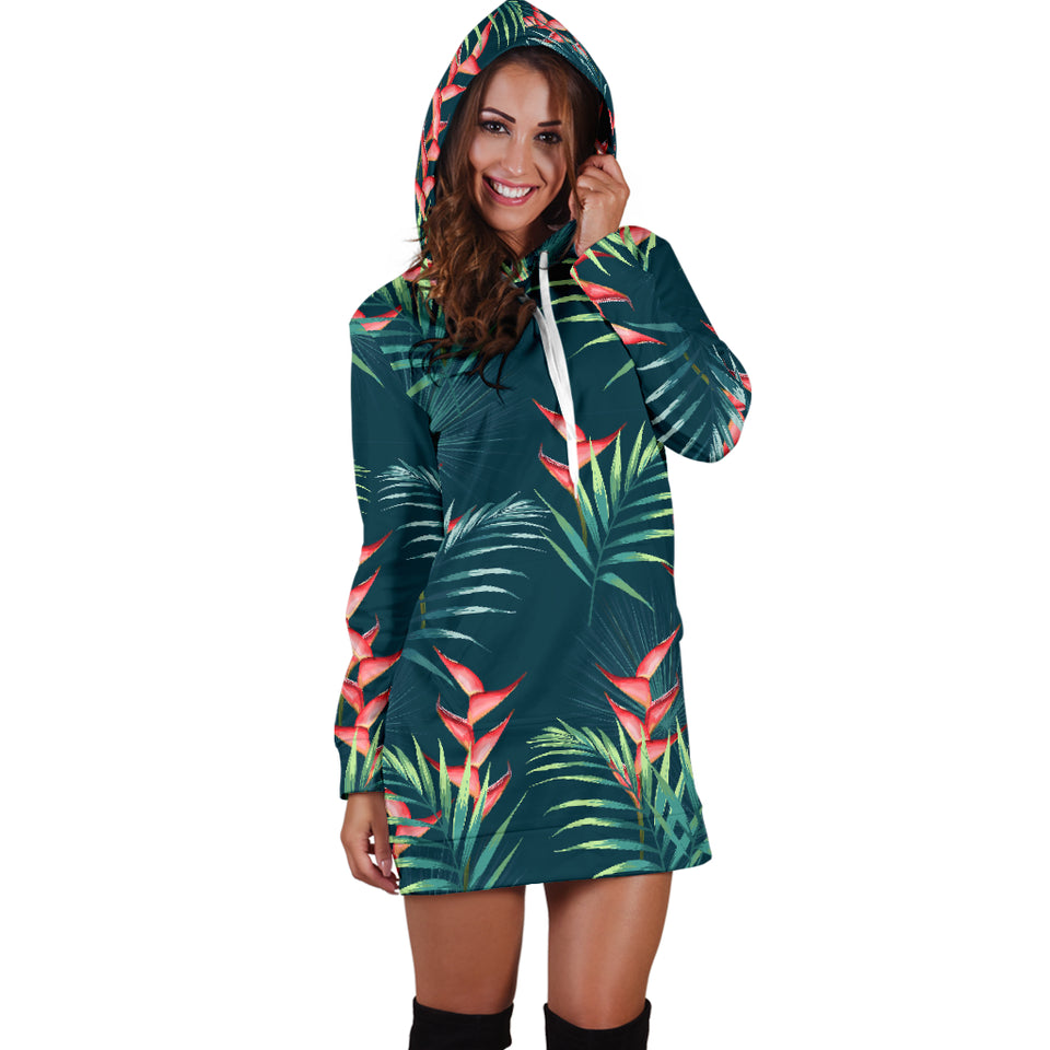 Heliconia Flowers, Palm And Monstera Leaves On Black Background Pattern Women'S Hoodie Dress