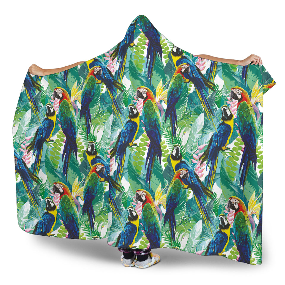 Colorful Parrot Exotic Flower Leaves Hooded Blanket