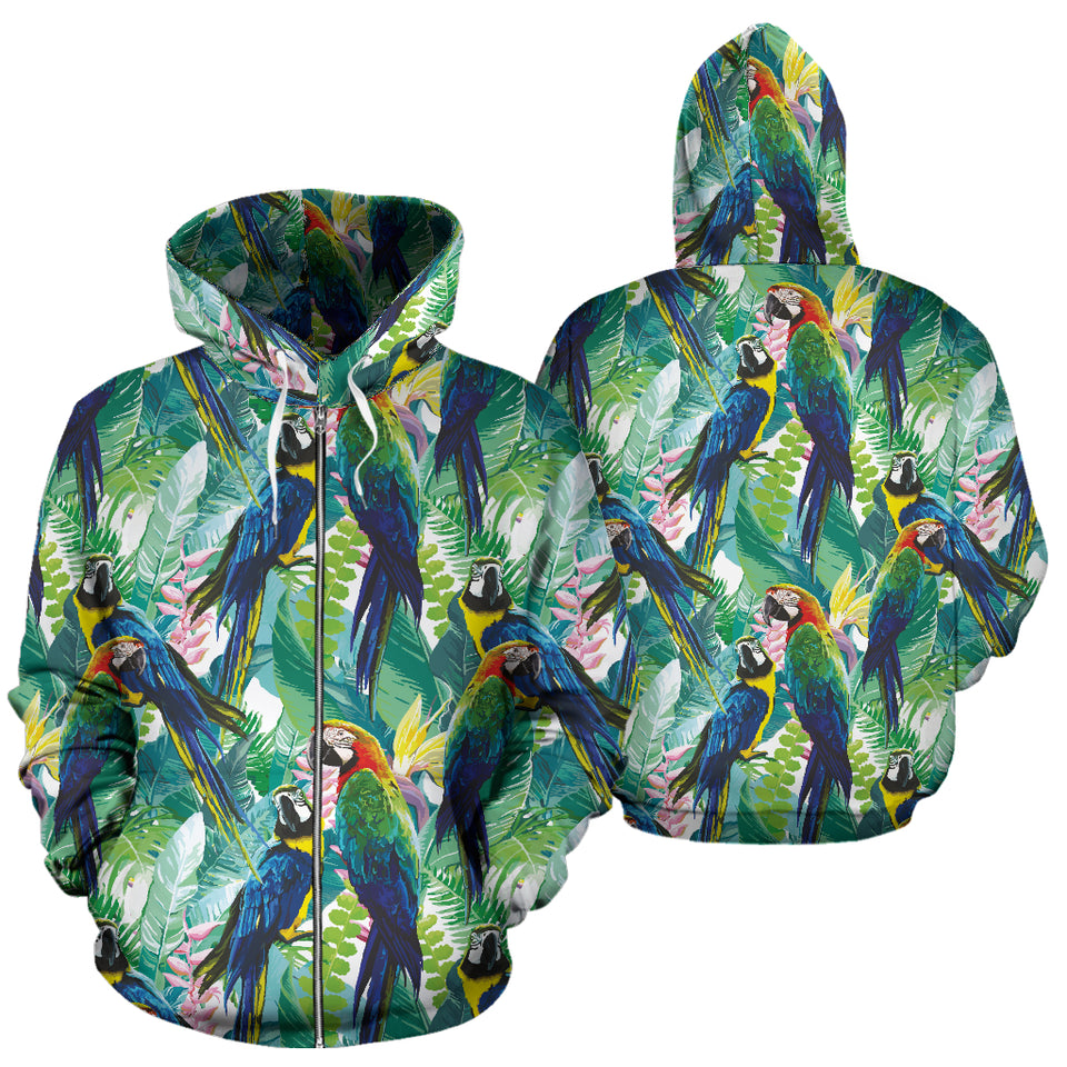 Colorful Parrot Exotic Flower Leaves Zip Up Hoodie