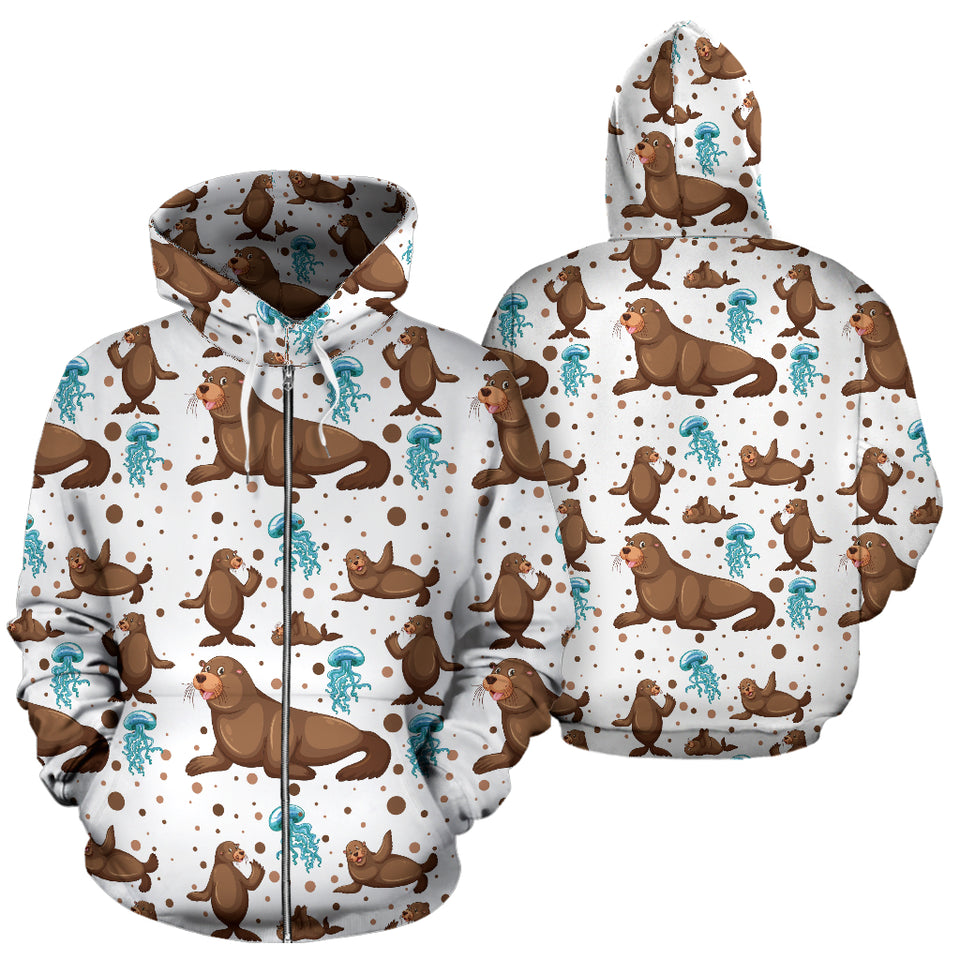 Sea Lion Seals Jellyfish Pattern Zip Up Hoodie