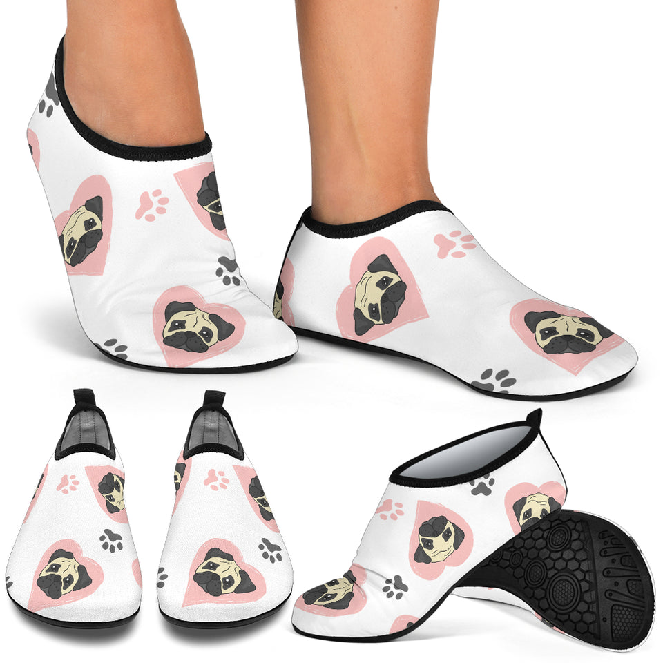 Cute Pugs Pink Heart Paw Pattern Aqua Shoes