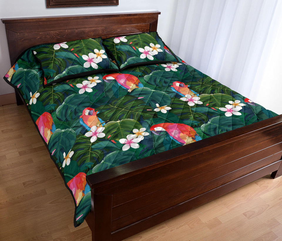 Parrot Palm tree leaves flower hibiscus pattern Quilt Bed Set