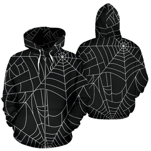 Spider Web Pattern Black Background White Cobweb Zip Up Hoodie