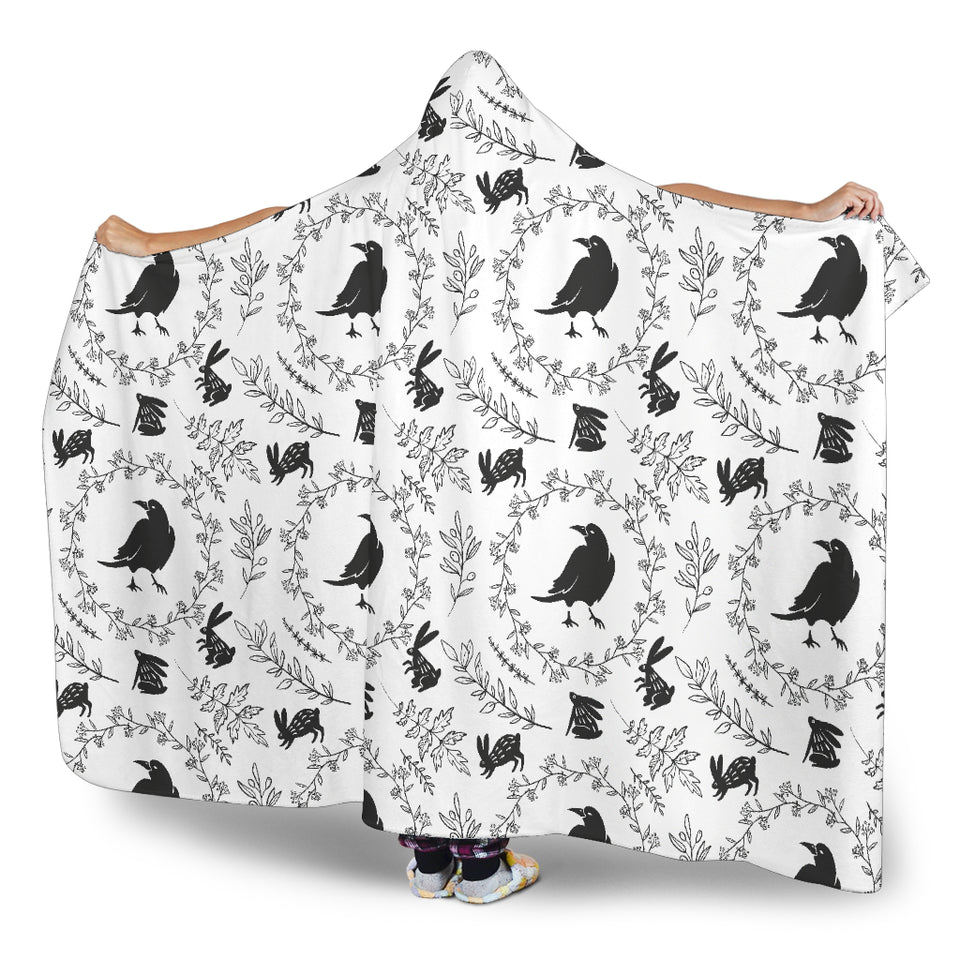Crows Floral Wreath Rabbit Pattern Hooded Blanket