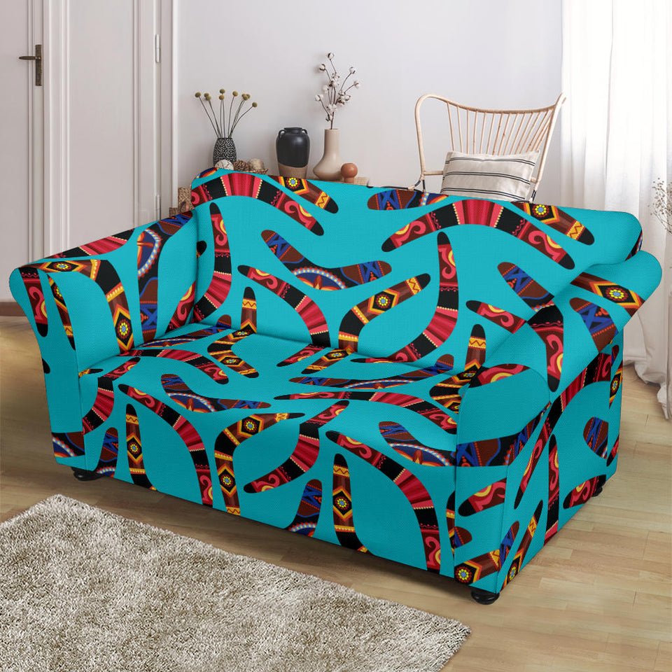 Boomerang Australian Aboriginal Ornament Blue Background Loveseat Couch Slipcover