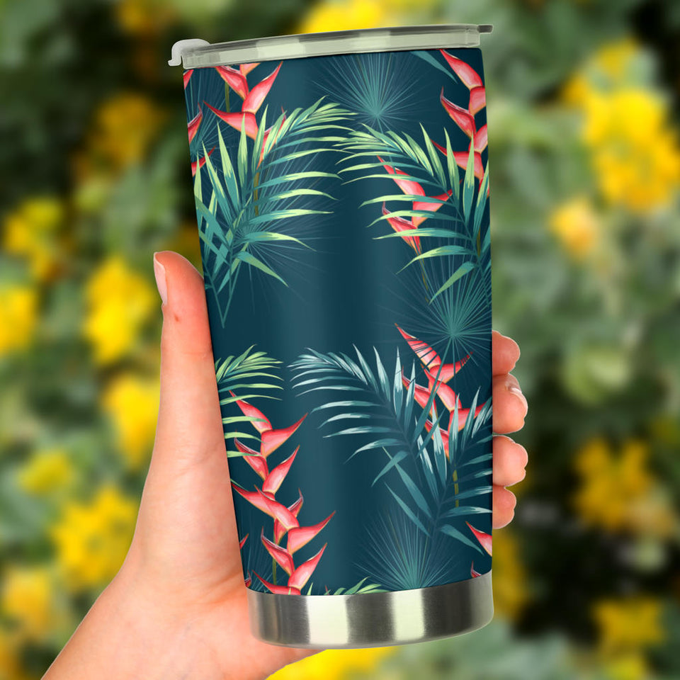 Heliconia Flowers, Palm And Monstera Leaves On Black Background Pattern Tumbler