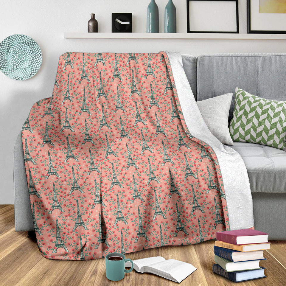 Eiffel Tower Flower Background Pattern Print Design 03 Premium Blanket