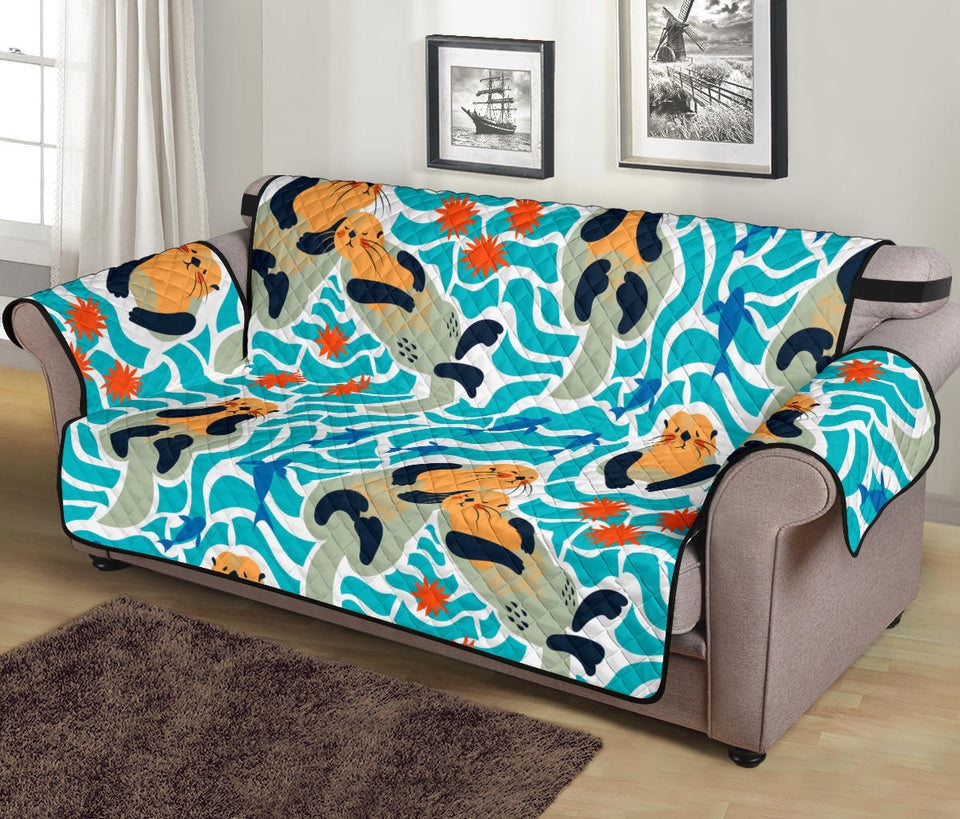 Cute sea otters fishe sea urchin pattern Sofa Cover Protector