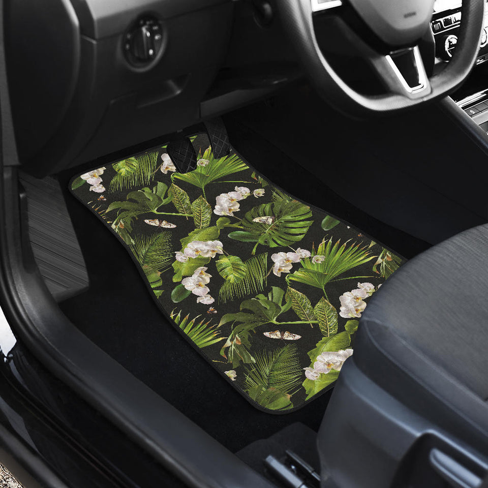 White Orchid Flower Tropical Leaves Pattern Blackground Front Car Mats