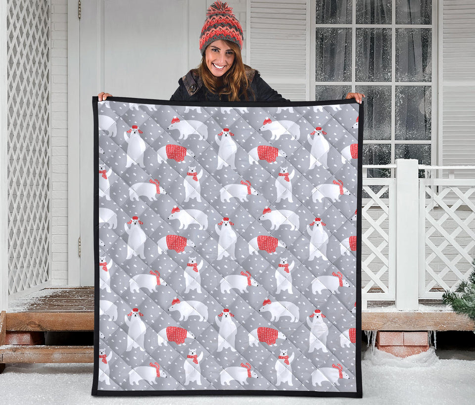 Cute Polar Bear Christmas Snow Pattern Premium Quilt