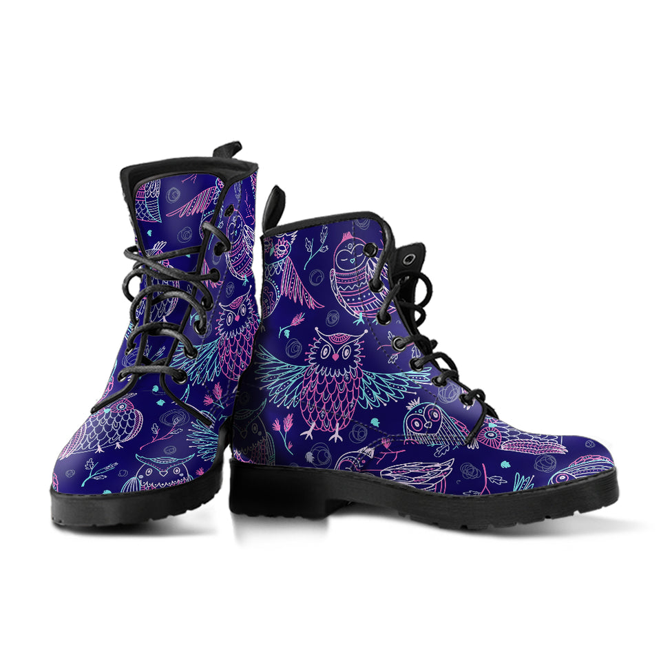 Cute Owls Pattern Boho Style Ornament Leather Boots
