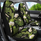 White Orchid Flower Tropical Leaves Pattern Blackground Universal Fit Car Seat Covers