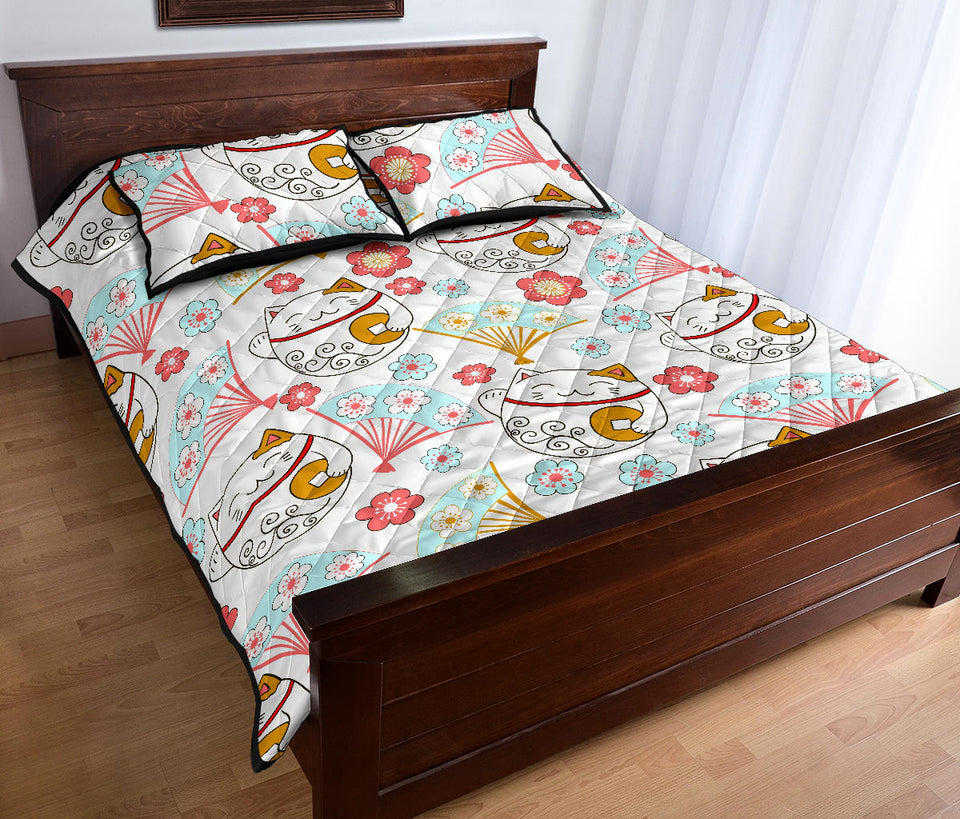Maneki Neko Lucky Cat fan sakura Quilt Bed Set