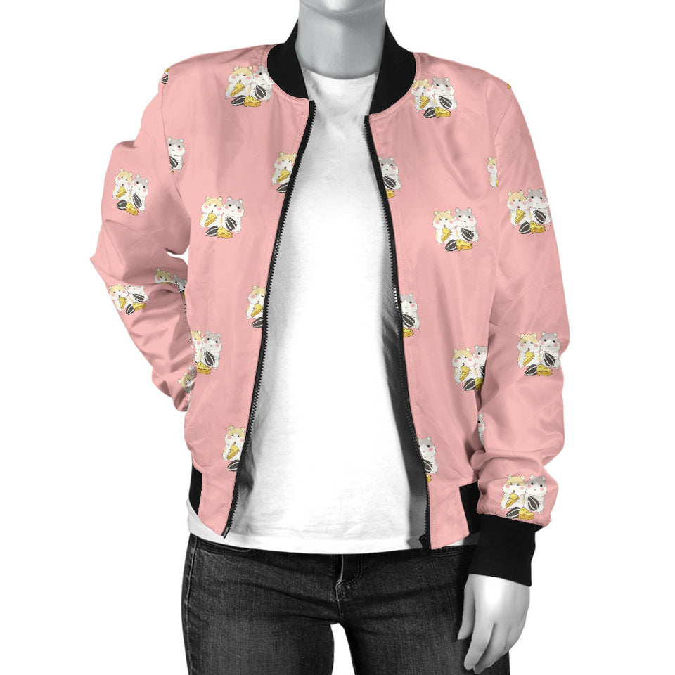 Cute Hamster Cheese Pattern Pink Background Women'S Bomber Jacket