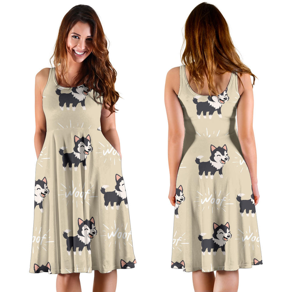 Cute Siberian Husky Sleeveless Midi Dress