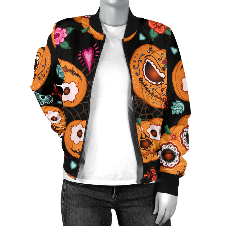 Pumpkin Flowers Spiderweb Halloween Theme Women'S Bomber Jacket