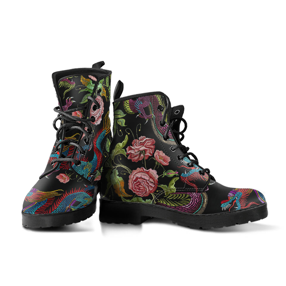 Dragons Flower Pattern Leather Boots