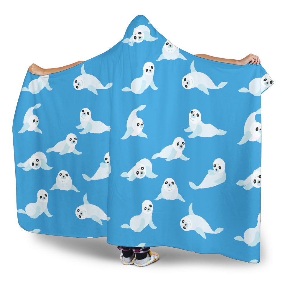 Cute Sea Lion Seal Pattern Background Hooded Blanket