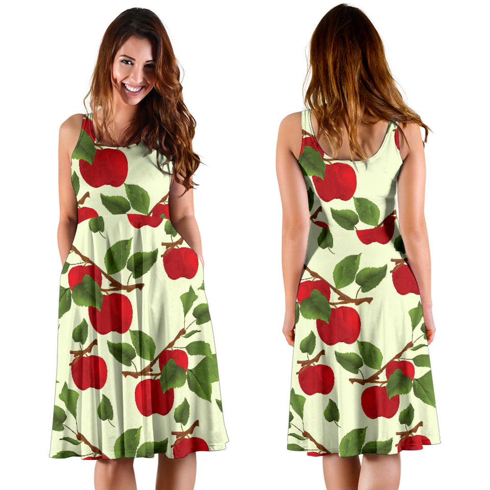 Red Apples Leaves Pattern Sleeveless Midi Dress