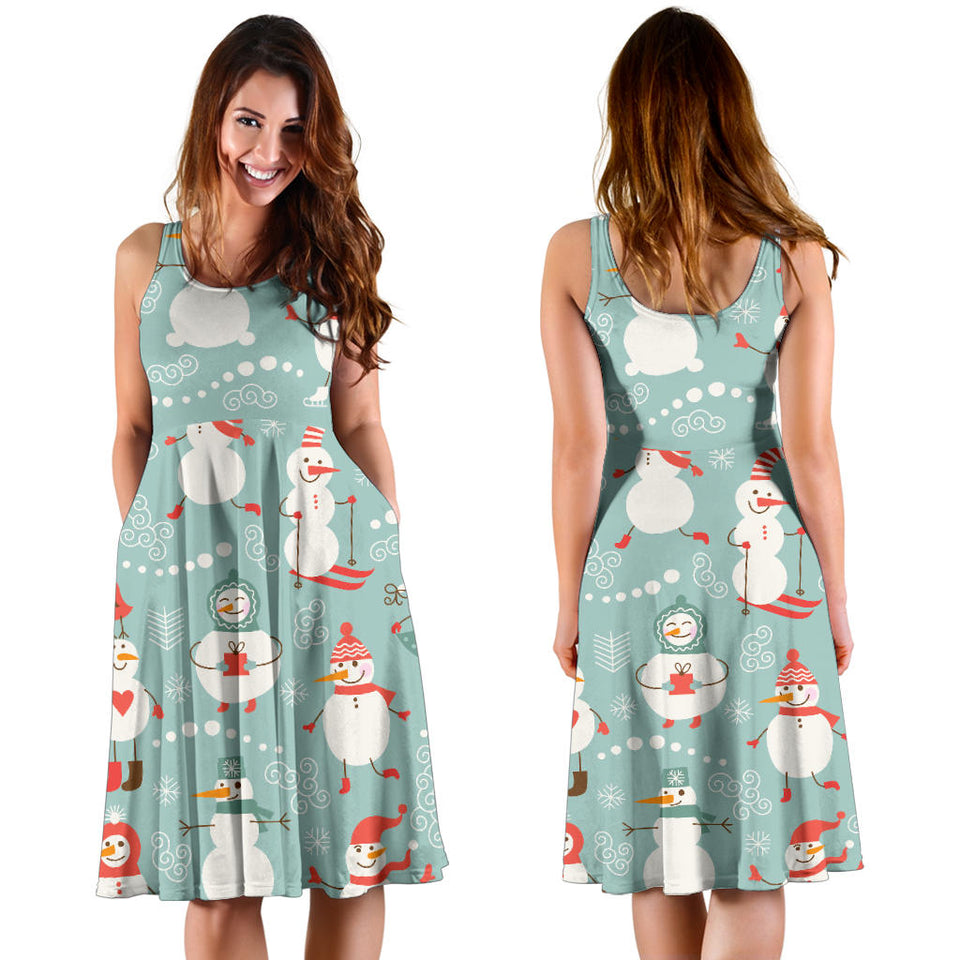 Cute Snowman Pattern Sleeveless Midi Dress