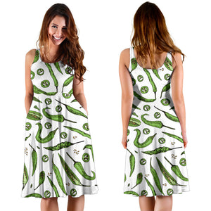 Hand Drawn Sketch Style Green Chili Peppers Pattern Sleeveless Midi Dress