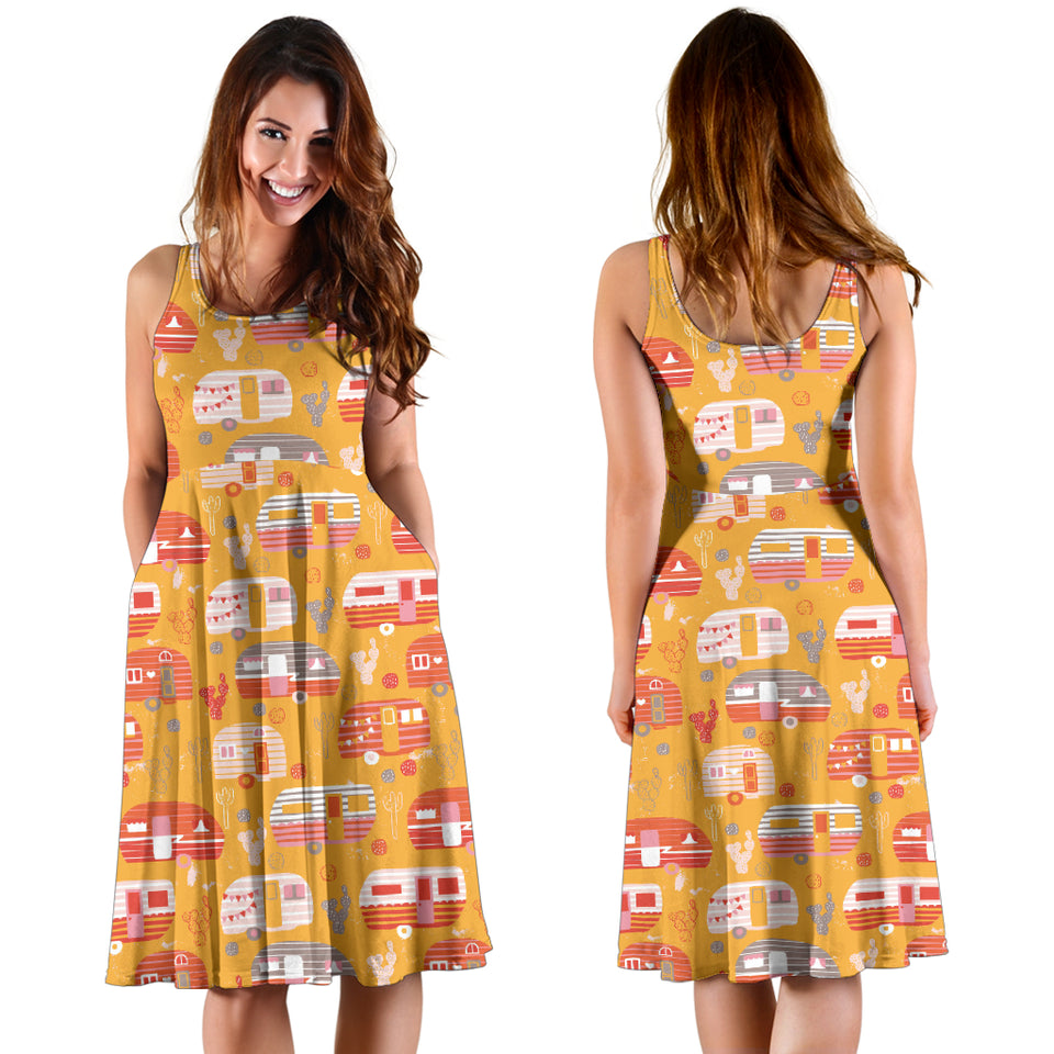 Camper Van Pattern Print Design 04 Sleeveless Midi Dress