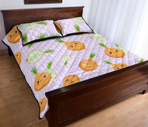 cute onions smiling faces purple background Quilt Bed Set