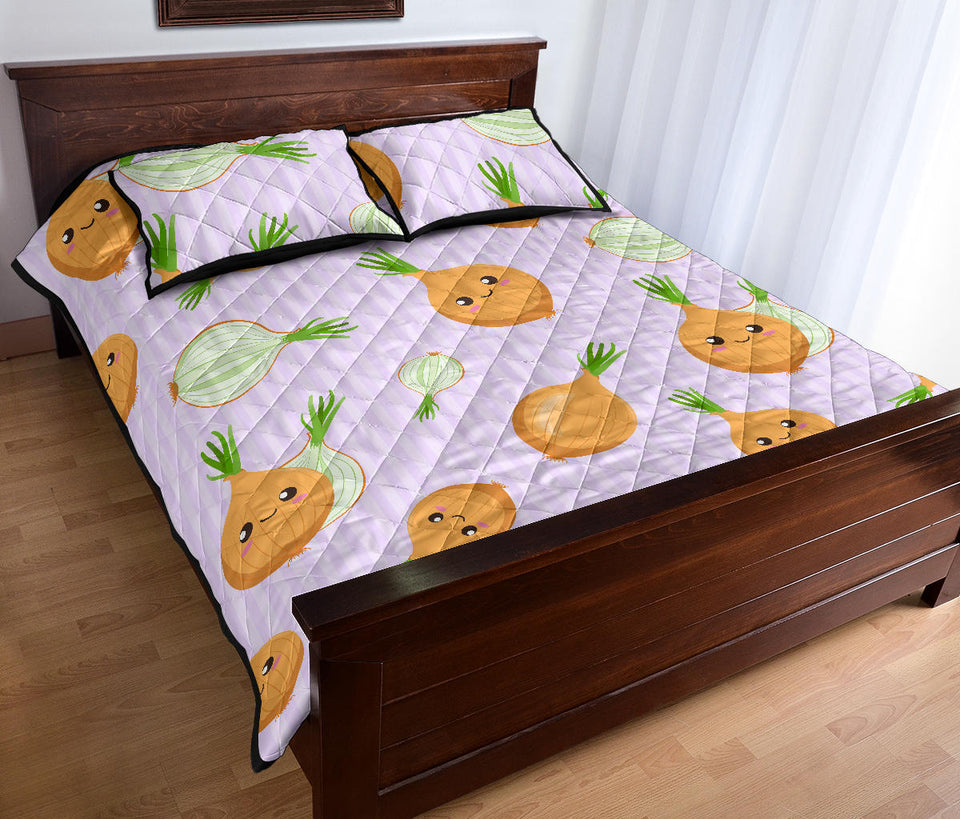 cute onions smiling faces purple background Quilt Bed Set