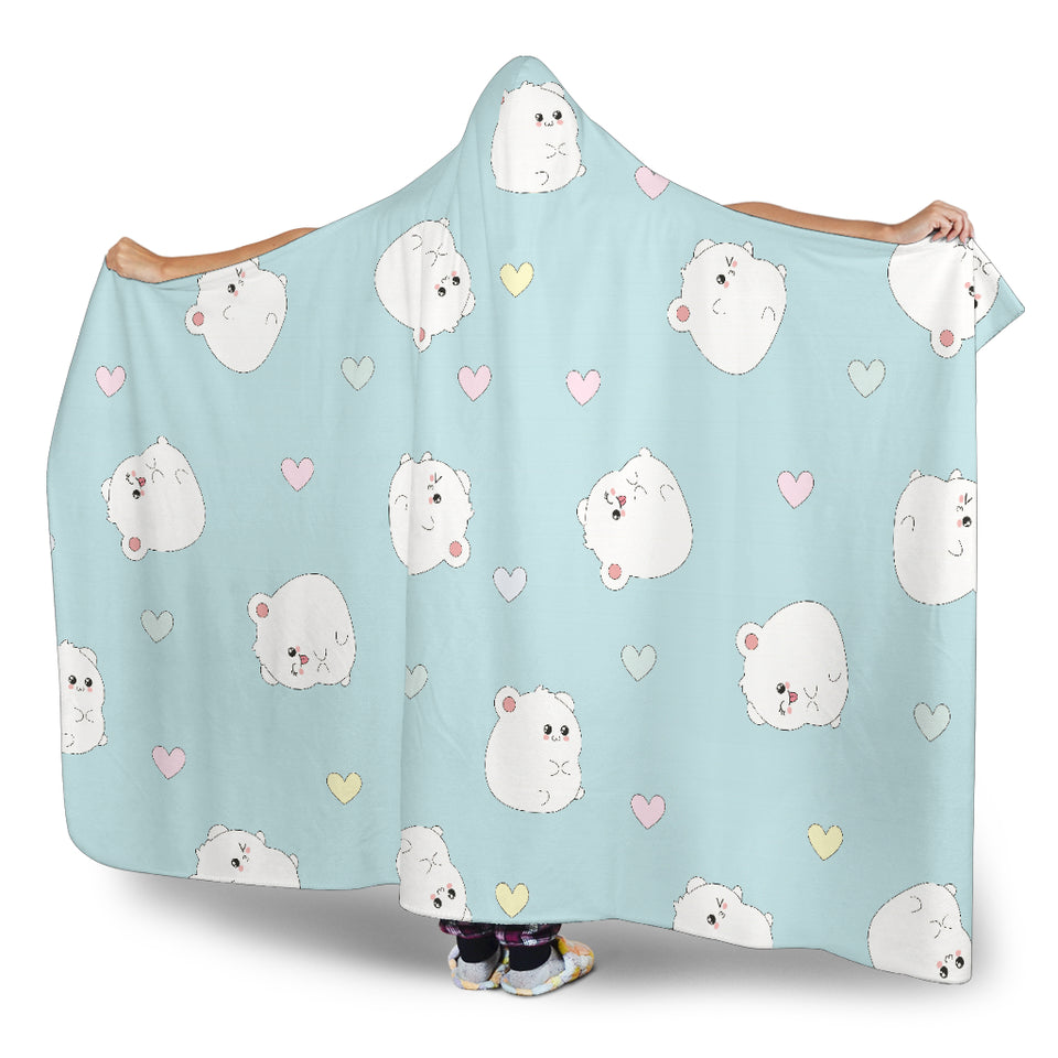White Cute Hamsters Heart Pattern Hooded Blanket