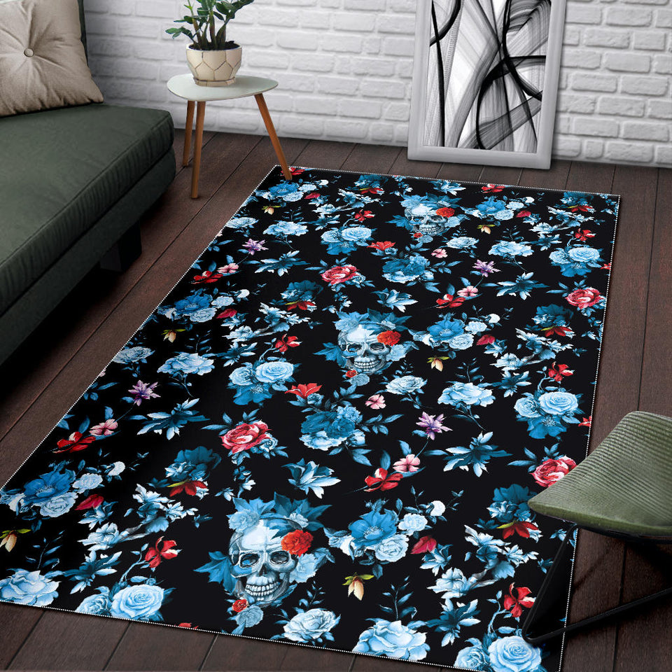 Skull Flower Roses Leave Pattern Area Rug