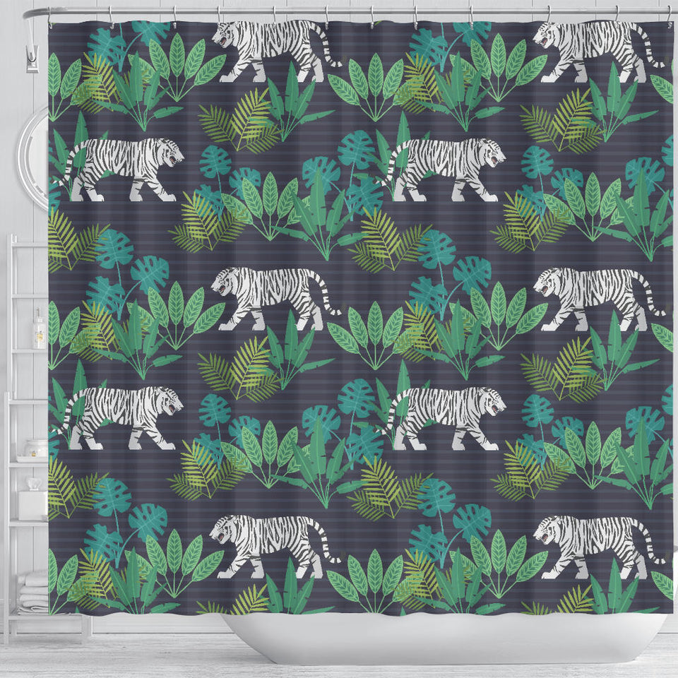 White Bengal Tigers Tropical Plant Shower Curtain Fulfilled In US