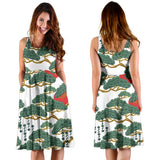 Bonsai Red Sun Japanese Pattern Sleeveless Midi Dress