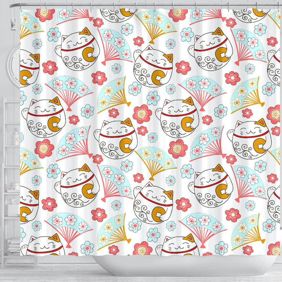 Maneki Neko Lucky Cat Fan Sakura Shower Curtain Fulfilled In US