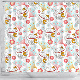 Maneki Neko Lucky Cat Fan Sakura Shower Curtain Fulfilled In US