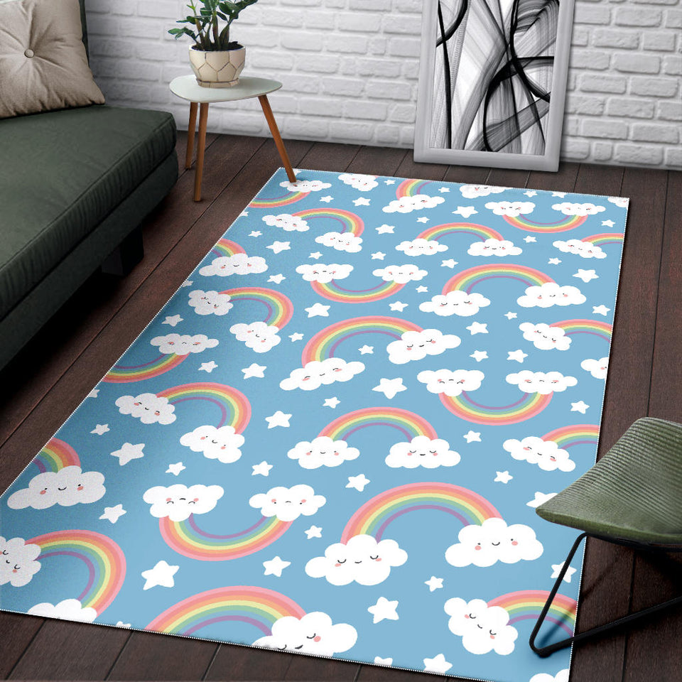 Cute Rainbow Clound Star Pattern Blue Background Area Rug