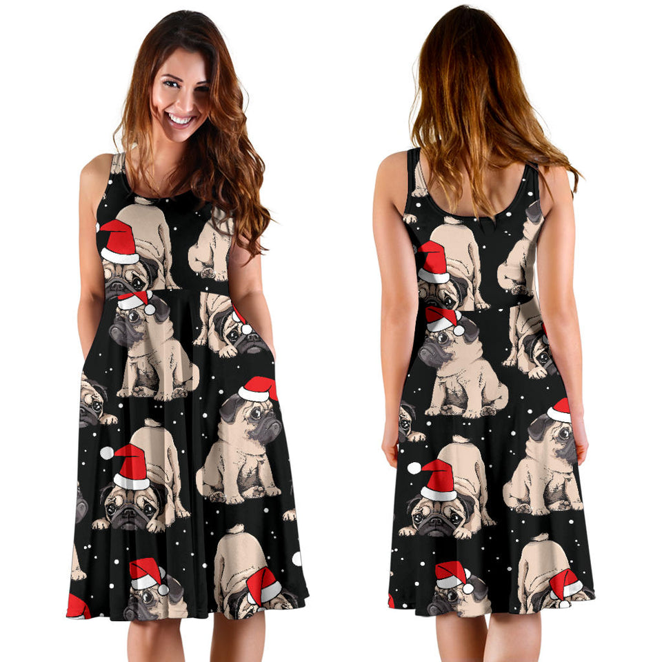 Christmas Pugs Santa_S Red Cap Pattern Sleeveless Midi Dress
