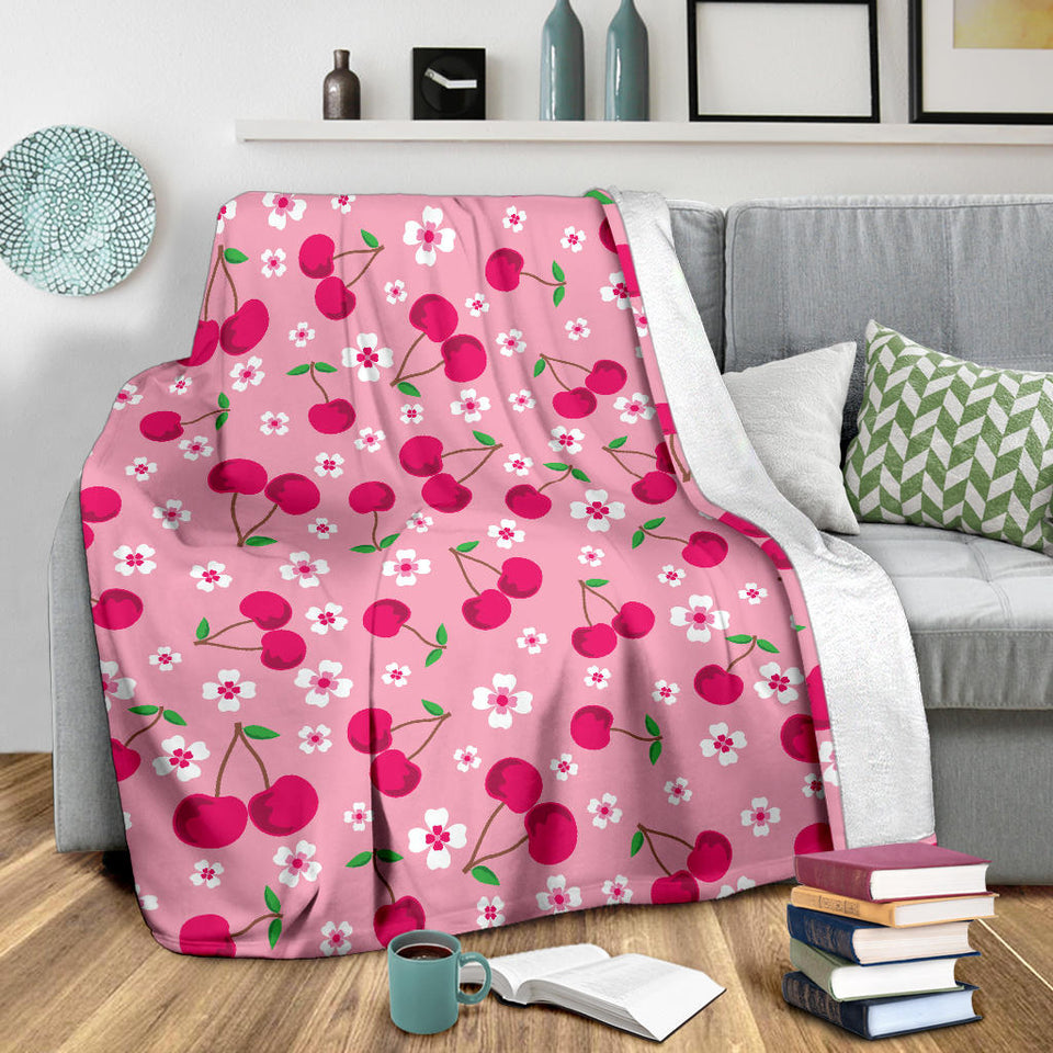 Cherry Flower Pattern Pink Background Premium Blanket
