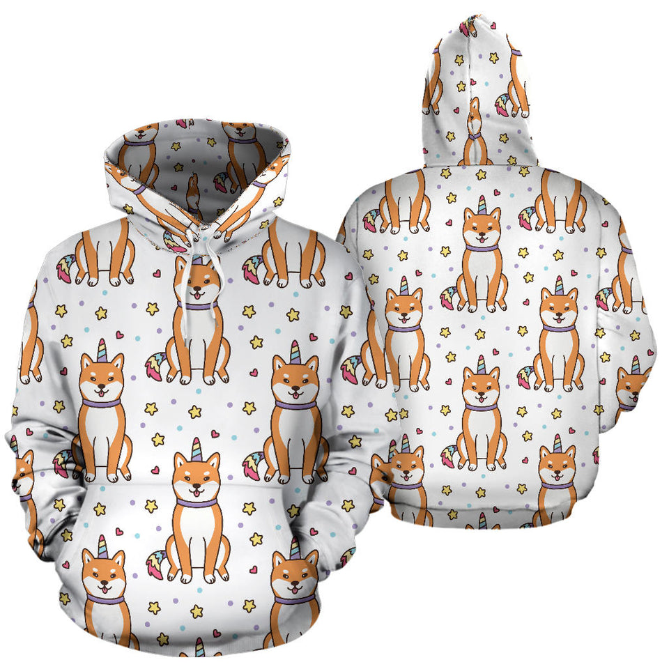 Shiba Inu Unicorn Costume Horn Colorful Tail Pattern Men Women Pullover Hoodie
